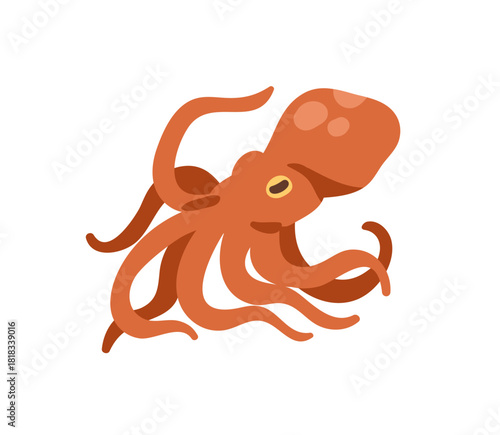 Octopus with tentacles. Exotic marine underwater animal. Seafood delicacy. Sea food, fresh undersea ocean cephalopod. Tropical wild fauna. Flat vector illustration isolated on white background