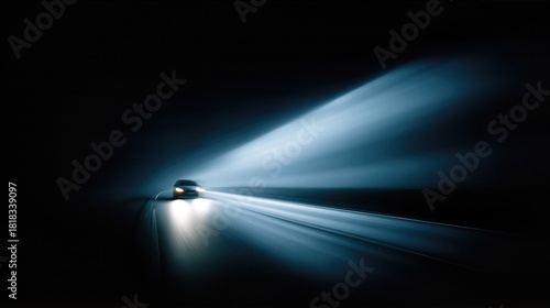 Car Driving On Dark Night Road With Bright Headlights. Futuristic Vehicle Beam Through Fog. Concept For Safety, Speed, Innovation, Transport, Danger Visuals