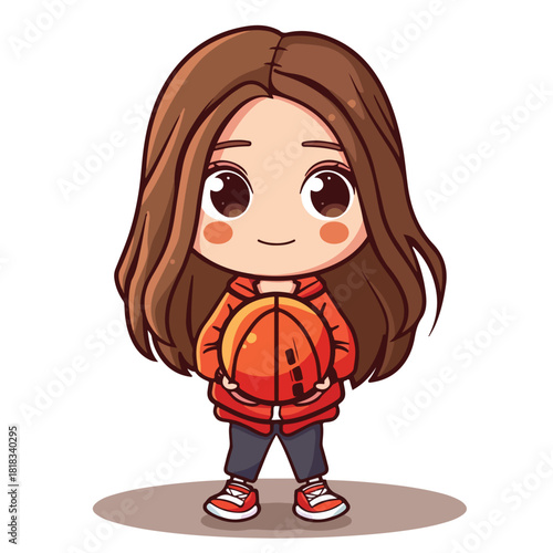 Adorable Chibi Girl Holding Basketball Sporting Red Outfit Smiling Cheerfully