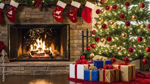 Festive 4K Christmas Scene with a Fireplace and Gifts Under a Decorated Tree
