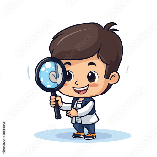 Cartoon boy with brown hair holding a magnifying glass smiling