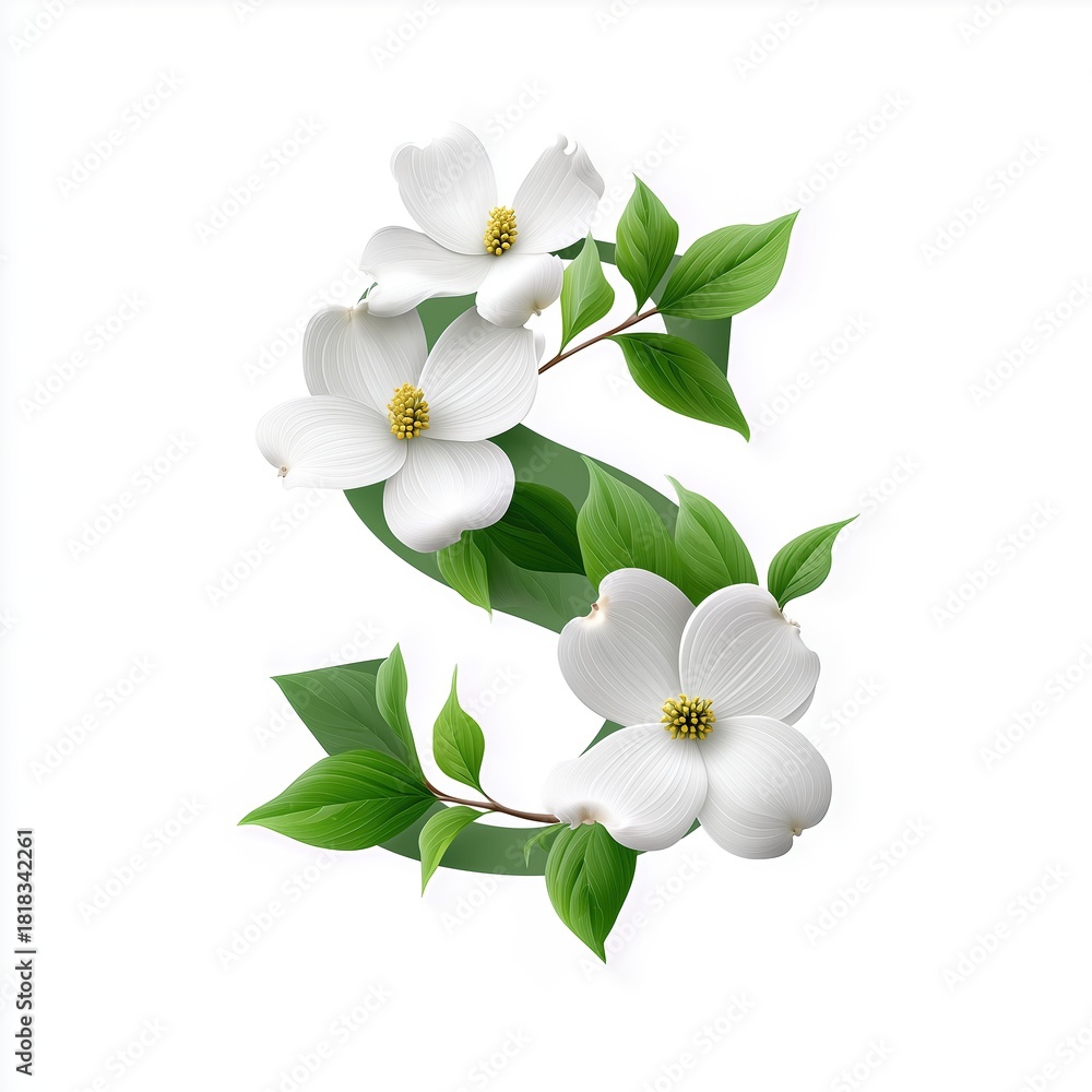 Obraz premium White Dogwood Flowers Decorating Green Letter S On Bright Background. Stylized Botanical Typography For Invitations, Nature Posters And Branding Visuals