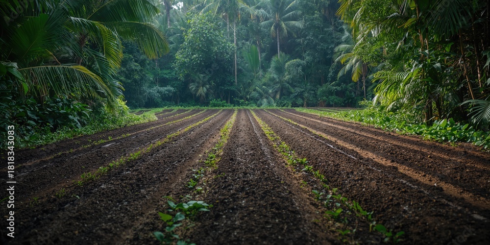 Fototapeta premium Field prepared for planting with neatly formed soil ridges and white fertilizer dust, emphasizing sustainable agriculture practices
