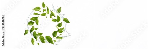 Green tea leaves suspended mid-air against a white background, emphasizing freshness and natural processing, World Tea Day