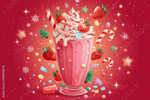 Strawberry milkshake adorned with candies, sprinkles, and festive decorations ideal for social media posts, party invitations, and food blogs.