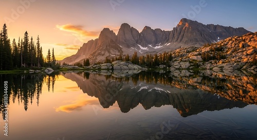 Serene Mountain Lake Reflects Majestic Peaks at Golden Hour.