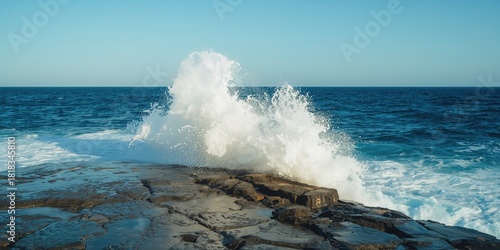 Fototapeta Naklejka Na Ścianę i Meble -  Waves crashing against rocks on the beach during summer, natural coastal landscape, Earth Day