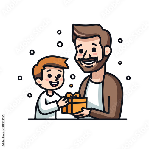 Cartoon father and son exchanging a gift with a happy expression