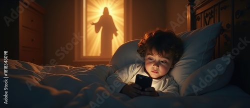 Child using a smartphone in bed at night with a glowing vision of Jesus Christ in the window. A spiritual concept of faith, technology, and modern distraction