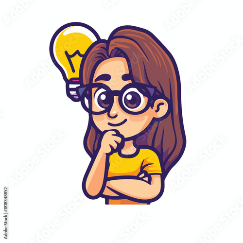 Cartoon girl with glasses and a bright yellow lightbulb idea above her head