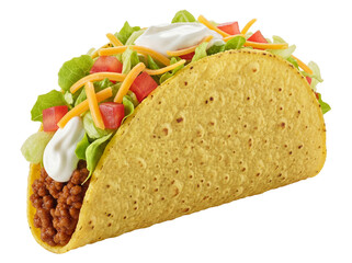 Delicious beef taco with lettuce, cheese, tomato and sour cream isolated PNG, traditional Mexican fast food on transparent background