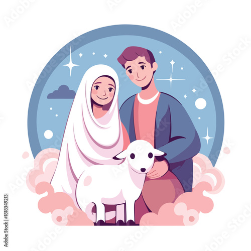Cartoon illustration of a smiling couple with a lamb in a stylized scene