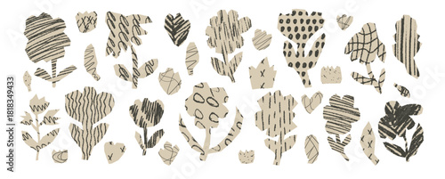 Flower paper cutouts set. Irregular floral collage shapes. Scrap book beige leaves tulip and wildflowers, poppy figures. Scrapbook scribbles handmade crayon patterns. Vector pieces of sharp diy paper.
