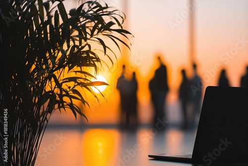 Laptop And People Silhouettes In Office Lounge At Sunset. Indoor Plant In Foreground. Warm Tones For Business Travel Or Remote Work Concepts