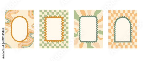 Arch, rectangle and oval scallop groovy frames banners template set. Wavy edges geometric doodles. Wave arc borders on distressed lines and grid background. Vector retro illustration.