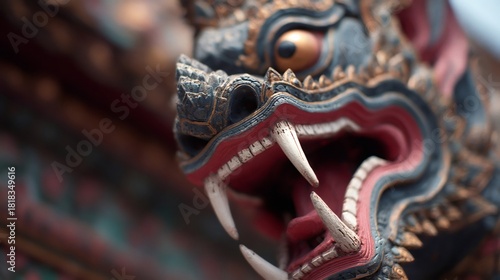 Close up of traditional thai mythical creature sculpture with open mouth and fierce fangs. Carved dragon for cultural and religious design.