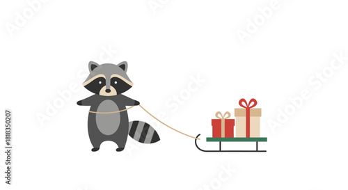 Adorable raccoon pulling a sleigh full of festive gifts for a joyful holiday season, perfect for greeting cards and seasonal promotions