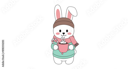 Adorable cartoon bunny warmly dressed, sipping hot chocolate with candy cane, perfect for winter holiday greetings and children's illustrations