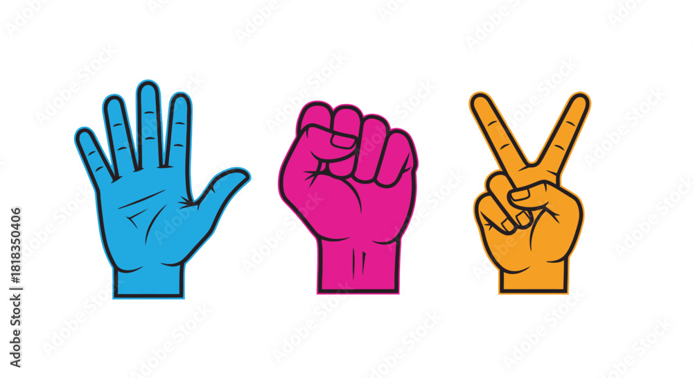 Fototapeta premium Rock paper scissors game illustration with blue, pink, and orange