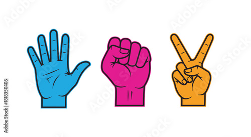 Rock paper scissors game illustration with blue, pink, and orange