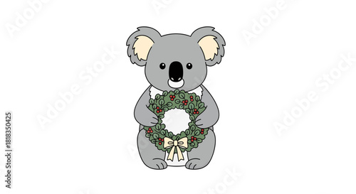 Delightful koala holding festive wreath, perfect for holiday greetings and adorable seasonal designs with a touch of Australian charm, cute and heartwarming