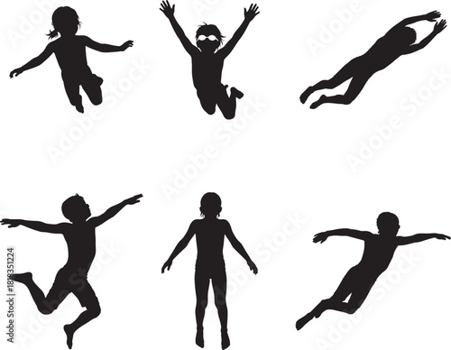 Kids Swimming Diving Underwater Silhouette Vector Set