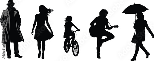 Black silhouette people, trench coat, dress, bicycle, guitar, umbrella, walking pose, artistic style, minimal design, lifestyle icons, posture study