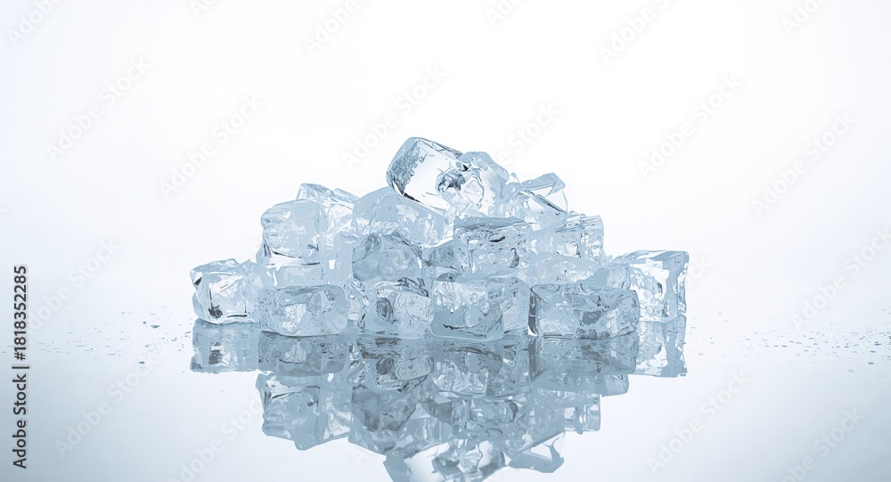 Fototapeta premium Bright ice cubes stacked on a reflective surface, emphasizing temperature control for refrigeration efficiency