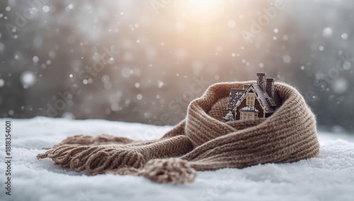 Small house bundled in a scarf, thermal insulation for winter protection, seasonal change
