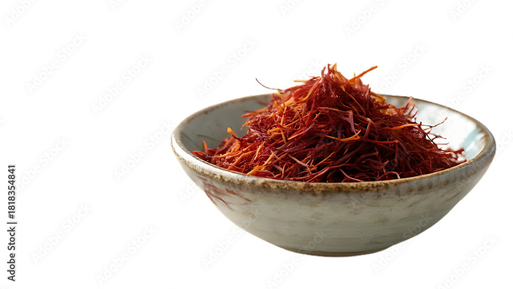 Fototapeta premium A beautiful photo of a heap of saffron threads in a ceramic bowl, captured with soft natural light, rich texture, vibrant red orange color, high resolution, professional food photography.