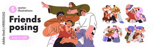 Friends groups posing together for photo portrait, selfie on mobile phone set. Happy young people smiling, laughing with fun, positive emotions. Flat vector illustration isolated on white background