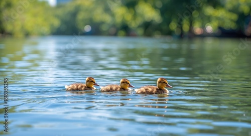 Fototapeta Naklejka Na Ścianę i Meble -  Duck parade on the river, providing a lively scene for outdoor recreation and nature observation