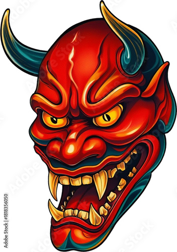 Vibrant red Japanese Oni demon mask with horns symbolizes power protection and folklore.