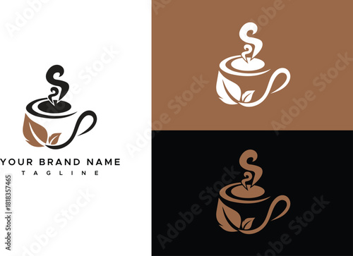 Modern coffee cup logo with steam swirl and eco leaf design