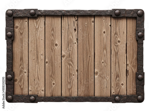 Foto Old wooden sign with metal frame isolated PNG, rustic wood plank board for medie