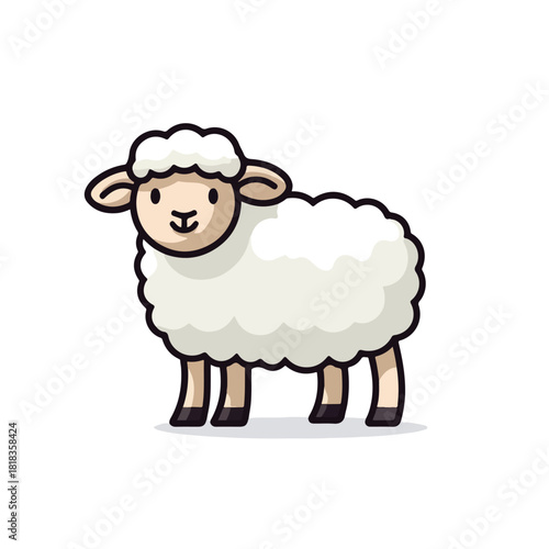 Cartoon Sheep with Creamy Wool and Dark Outlines Standing Calmly