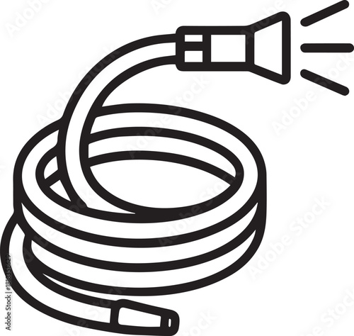 A tightly coiled garden hose, ready for use, sits against a backdrop. Its nozzle positioned for precise water control, symbolizing a tool essential for gardening and outdoor tasks.