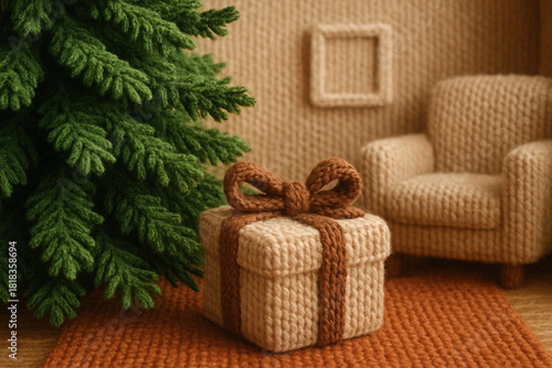 Cozy knitted christmas scene with yarn gift, green tree, and armchair in warm room