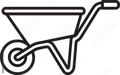 A simple wheelbarrow outline, suitable for construction, gardening, or farming. It is clear and useful.