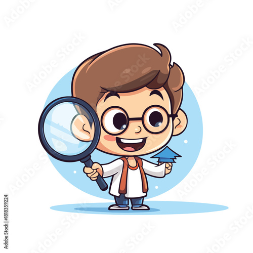Cheerful Boy Cartoon with Magnifying Glass and Up Arrow
