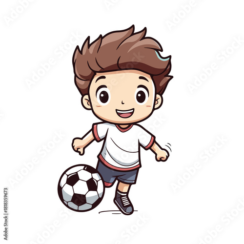Cheerful Cartoon Boy Kicking Soccer Ball with Playful Expression and Energy