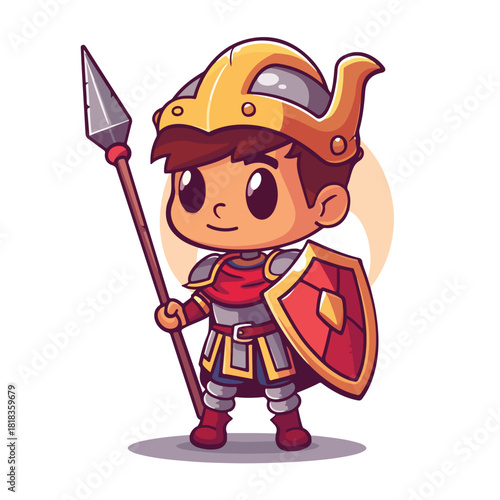 Cheerful Cartoon Boy Knight with Spear and Shield