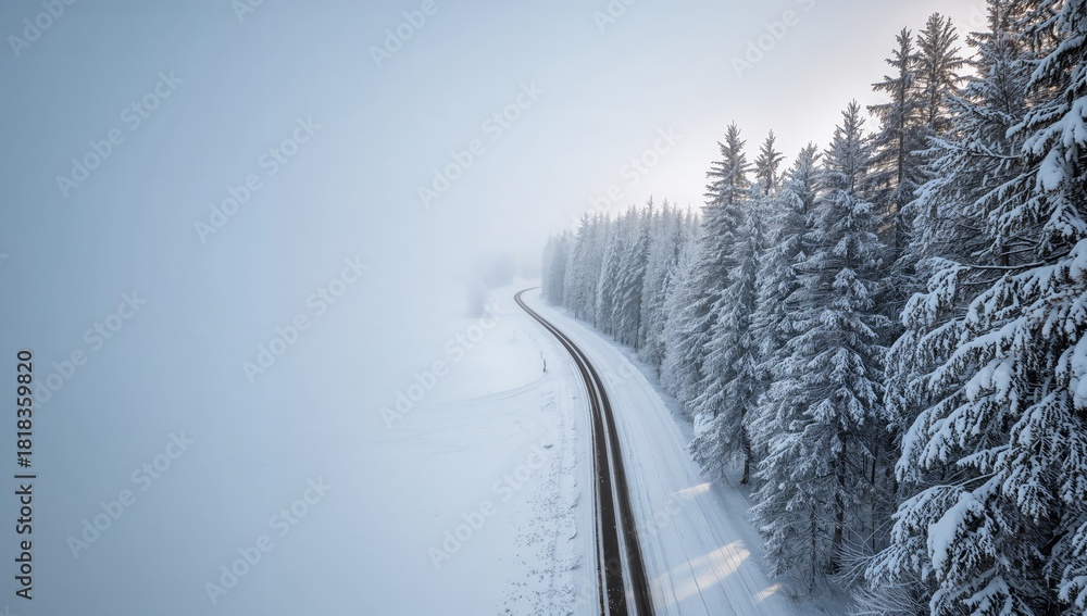 Obraz premium Aerial view of a snow-covered forest road during winter, emphasizing seasonal change