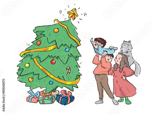 Cute Family Decorating Christmas Tree Vector Illustration