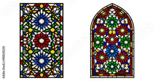 Two Islamic geometric stained glass windows, rectangular and arched. cutout on transparent background
