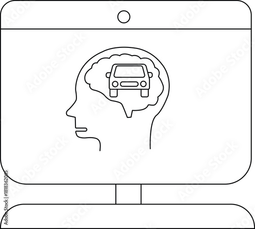A computer screen displays a head profile with a car inside the brain