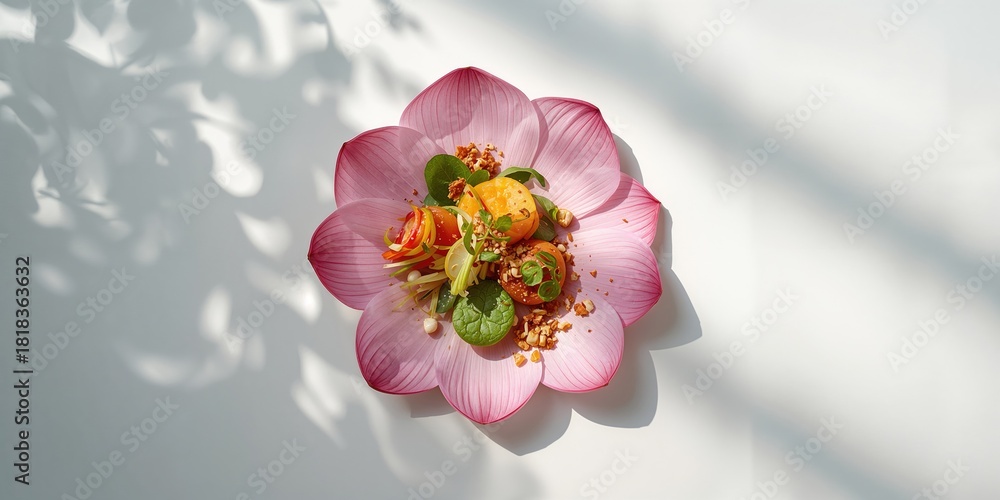 Naklejka premium Healthy Thai snack arranged on a lotus petal, emphasizing natural presentation and plant-based ingredients, World Food Day