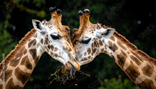 Giraffes close together with green leaves and dark tongue, in nature, with brown spots, against a dark green background