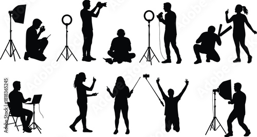 Content creator vector silhouettes with photography lighting, videography tools, and tech for social media marketing, vlogging, and professional photo studio work set against a white background.