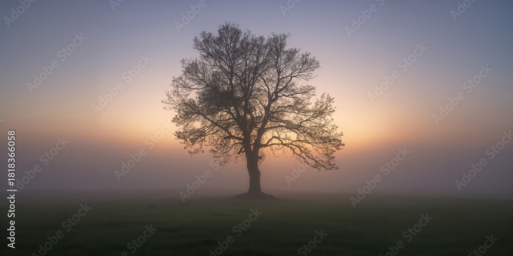 Fototapeta premium Trees in sunrise with fog background creating a serene woodland scene, emphasizing seasonal change,